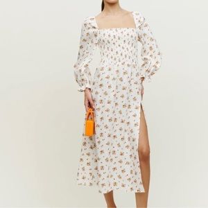 Reformation Gitane Linen Floral Long Sleeve Smocked Midi Dress in Lara